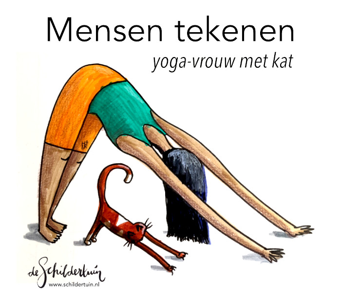 tekening van vrouw die samen met kat yoga doet
