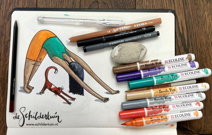 illustratie van een vrouw die samen met kat yoga doet