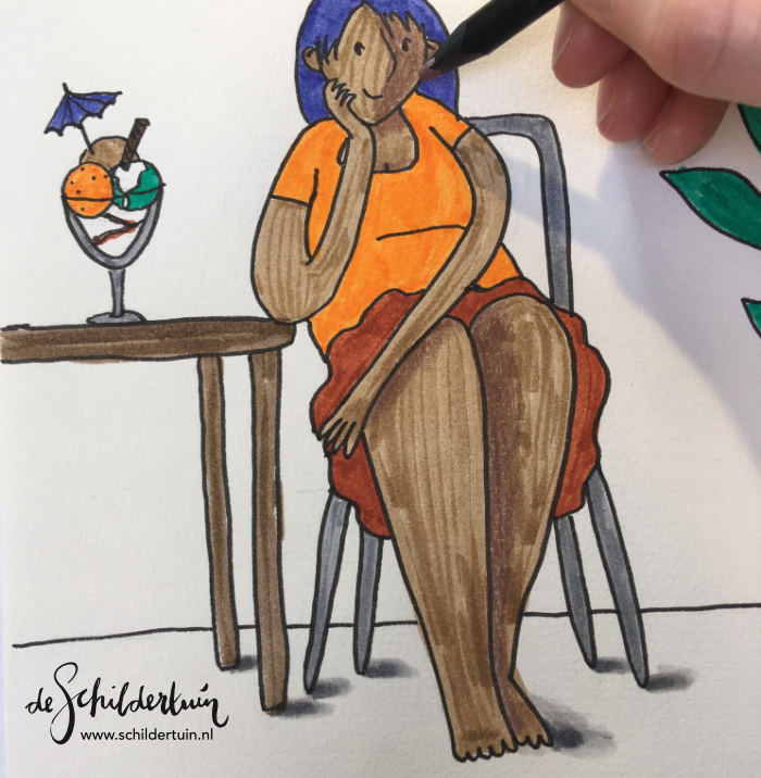 foto van werkproces toevoegen schaduw met kleurpotlood aan tekening van zomers geklede vrouw