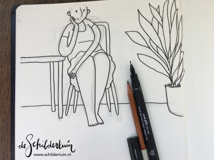 fineliner schets van een zomerse geklede vrouw in stoel