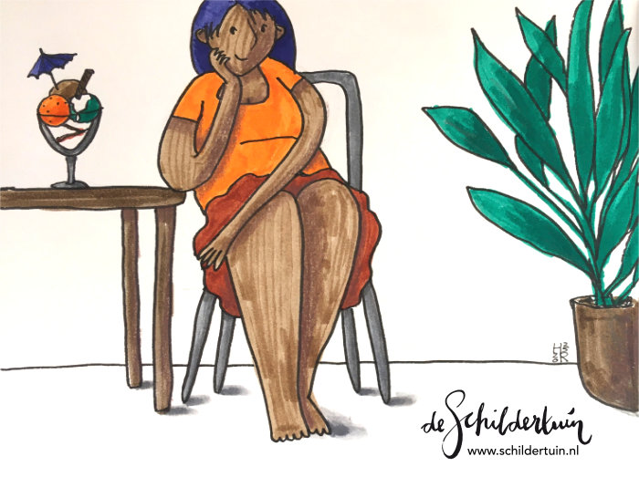 illustratie van een zomerse geklede vrouw in stoel naast tafel met sorbet