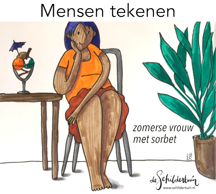 tekening van een zomerse geklede vrouw in stoel naast tafel met sorbet