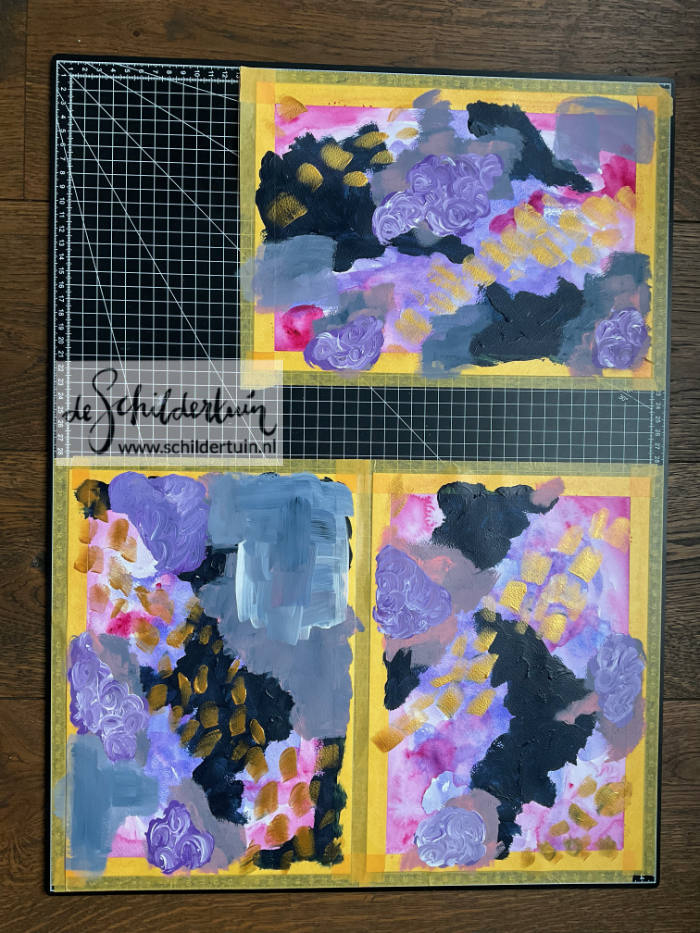 foto van 3 abstracte schilderwerken op papier, werkproces stap 2