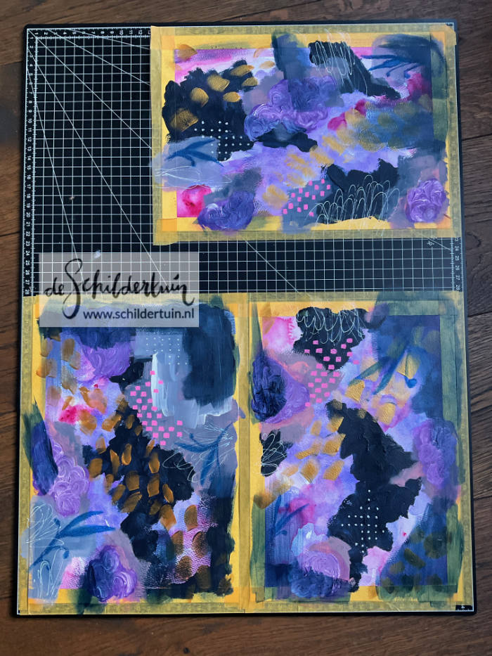 foto van 3 abstracte schilderwerken op papier, werkproces stap 3