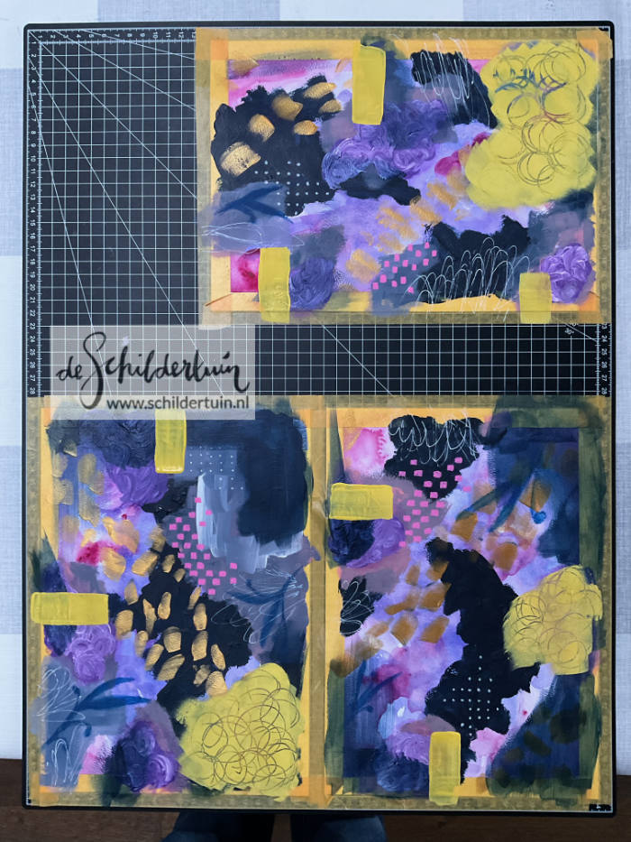 foto van 3 abstracte schilderwerken op papier, werkproces stap 4