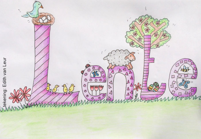 getekend woord 'Lente' met illustraties