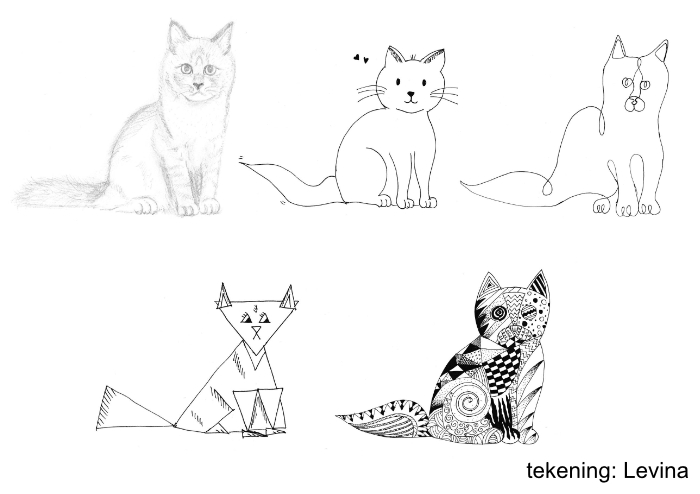 vijf getekende katten in verschillende stijlen