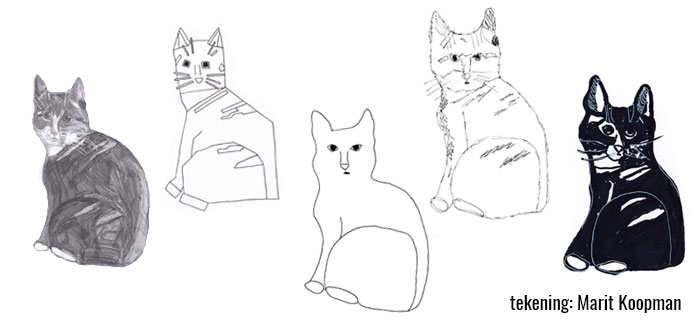 vijf getekende katten in verschillende stijlen