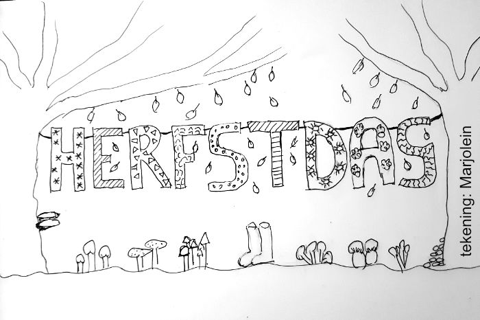 getekend woord 'herfstdag' met illustraties
