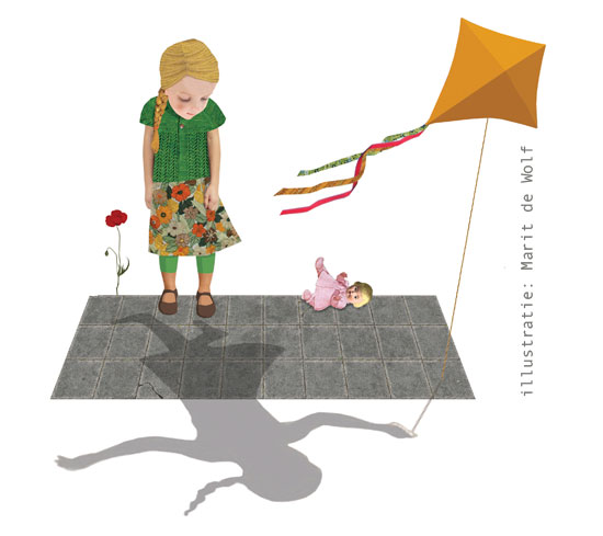 meisje met vlieger, illustratie van Marit de Wolf voor een artikel over kinderrechten in de NCRV gids