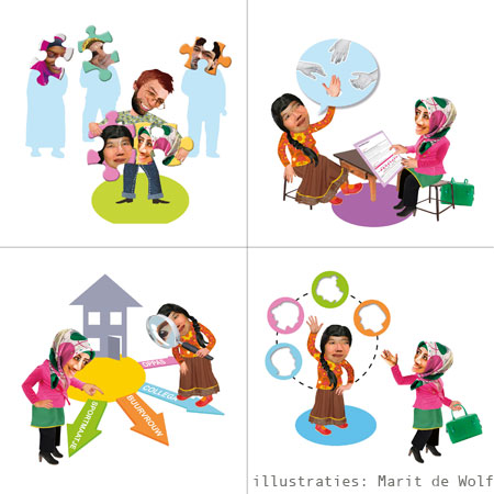 'Kleurrijk doorbreken' serie illustraties over de allochtone netwerkcoach die allochtone mantelzorger bijstaat - Mezzo