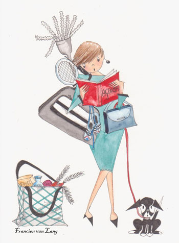 multitaskende vrouw, illustratie Francien van Lang