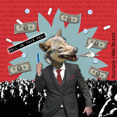 geldwolf, fotocollage geinspireerd door film the Wolf of Wall Street, illustratie van Hilde Reurink
